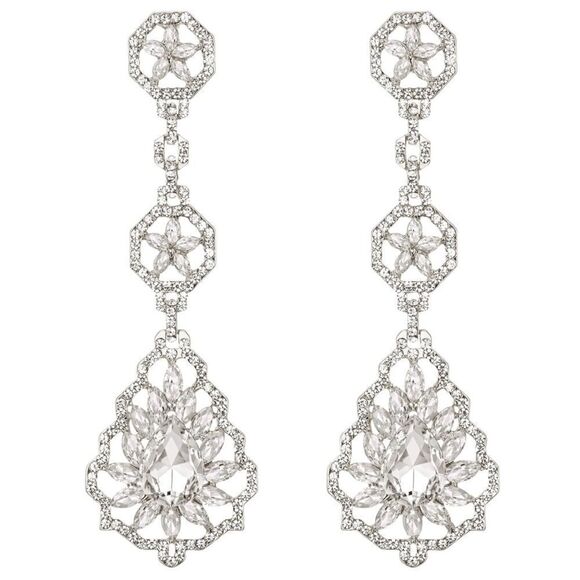 Silver with White Diamond Austrian Crystal Flower Teardrop Chandelier Earrings - Picture 1 of 5